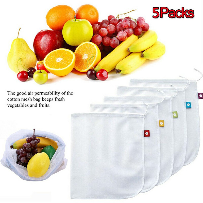 5 Packs Portable Kitchen Mesh Bag Vegetable and Fruit Net Drawstring bag Polyester Mesh Organizer Bag