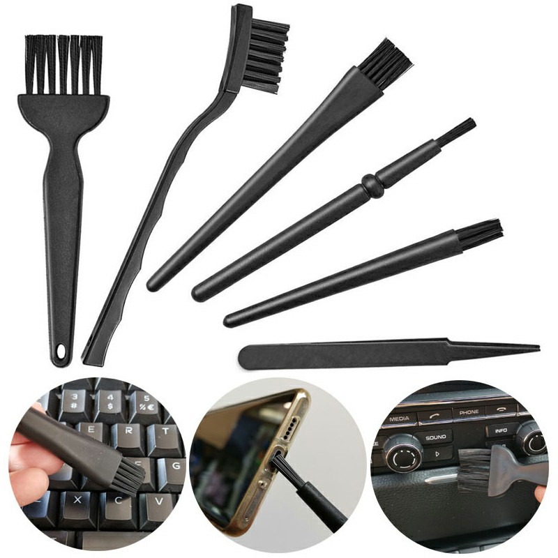6 in 1 Black Plastic Nylon Anti Static ESD Brush and Tweezers Tool Set for Cleaning Keyboard
