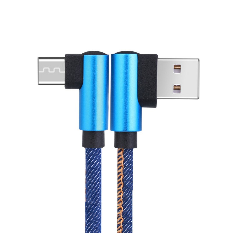 1m 90 Degree Elbow Micro USB Jean Fabric Braided Cable Quick Android Charging Cable