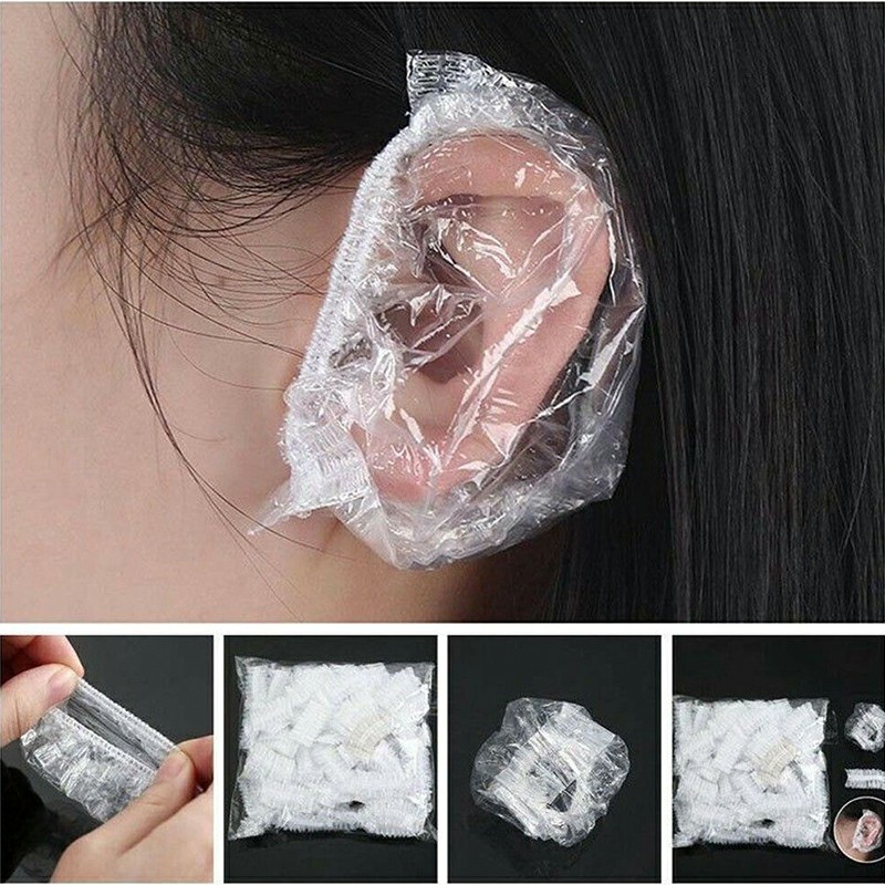 100pcs Disposable Transparent Ear Cover Sleeve Bath Shower Salon Hair Dye One-off Plastic Earmuffs