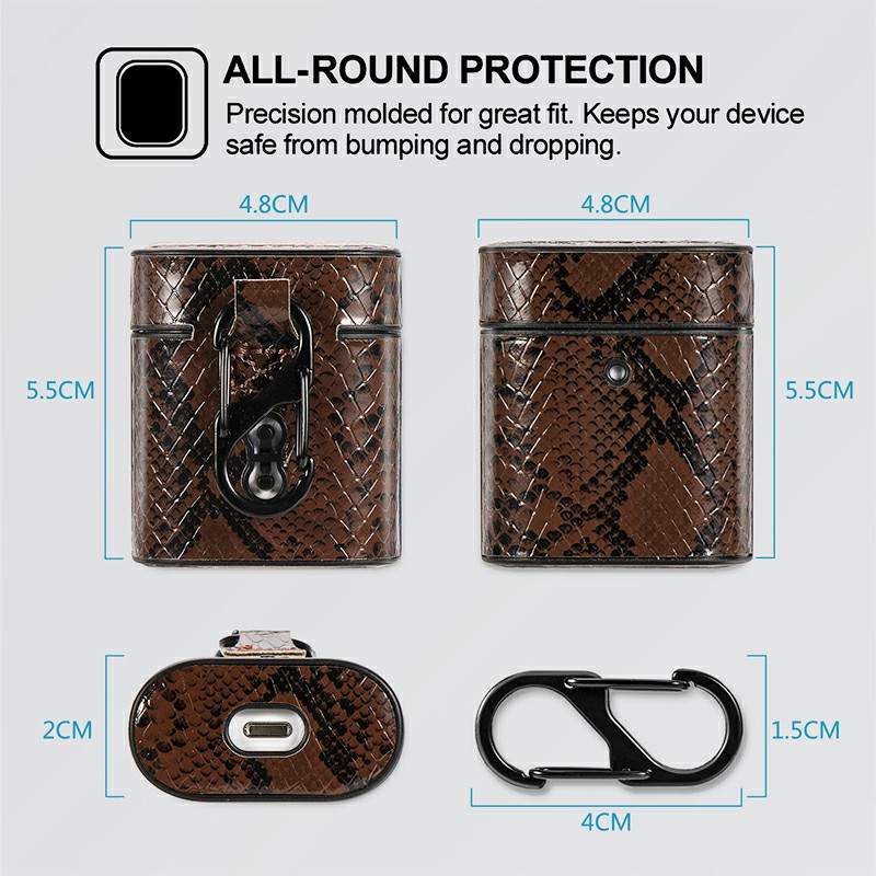 Protective Leather Snakeskin Pattern Airpods Case with Clasp Hook Clip Case for Airpods 1/2