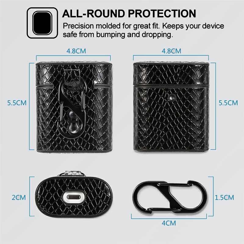 Protective Leather Snakeskin Pattern Airpods Case with Clasp Hook Clip Case for Airpods 1/2