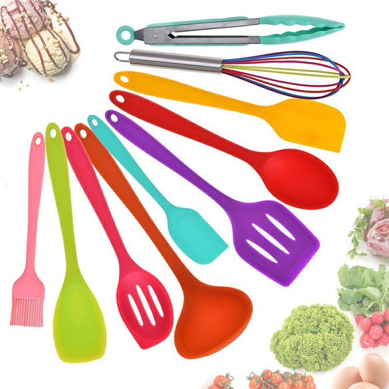 10 pcs Silicone Heat Resistant Kitchen Cooking Utensils Non-stick Baking Tool Tongs ladle Gadget
