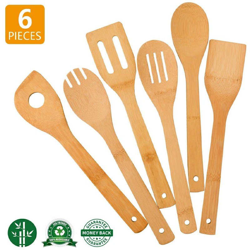 6 pcs Bamboo Wooden Spoons Spatula Kitchen Cooking Tools for Nonstick Cookware and Wok