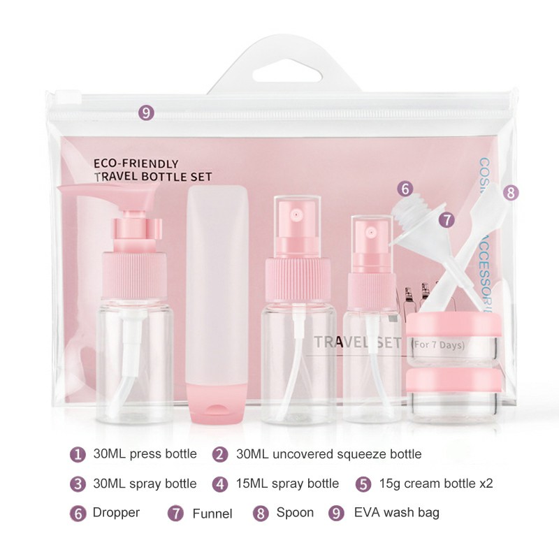 9 pcs Travel Bottles Set Refillable Cosmetic Containers Sprayer Bottle