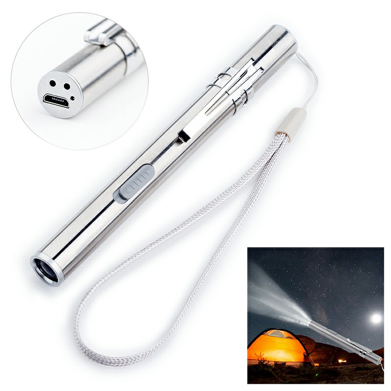 Stainless Steel USB Rechargeable LED Flashlight Mini Torch Light Pen Glare