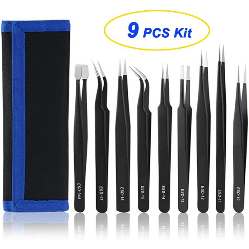 9 Piece Precision Tweezer Set Anti-Static Stainless Steel ESD Tweezers Tools Kit
