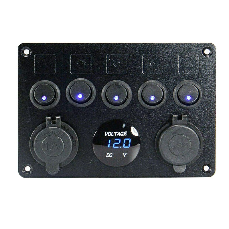 5 Gang Campervan RV 12V LED Light Switch Control Panel Voltmeter USB Charger CW