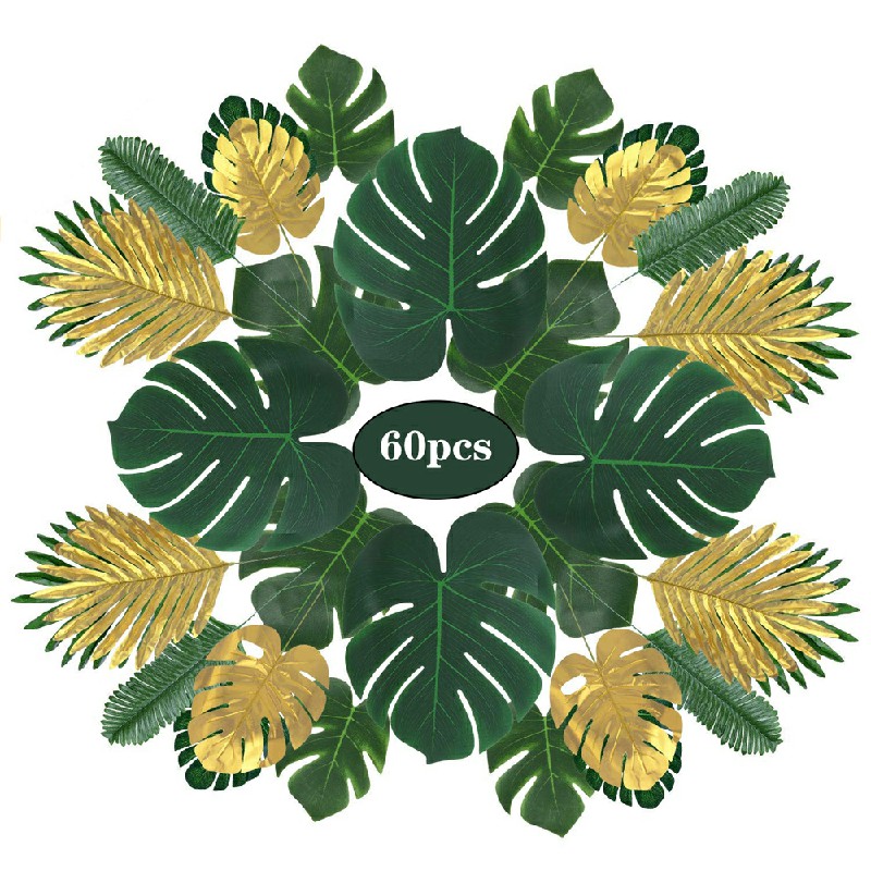 60 pcs 9 Kinds Artificial Tropical Palm Leaves Monstera Hawaiian Party Decorations