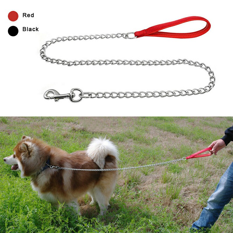Heavy Duty Short Metal Dog Chain Lead with Padded Handle Strong Control Leash - Red M