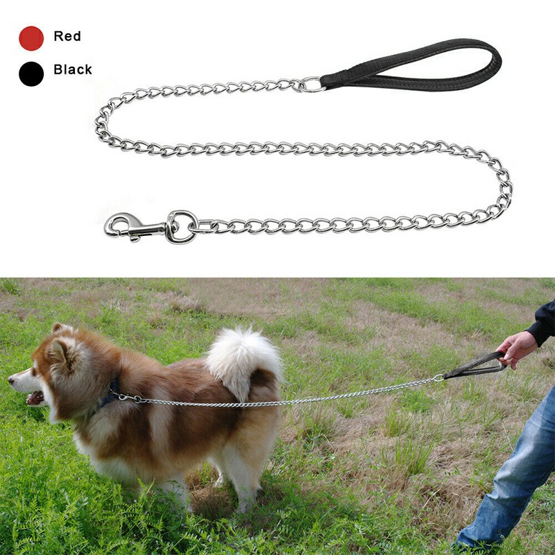 Heavy Duty Short Metal Dog Chain Lead with Padded Handle Strong Control Leash - Black M