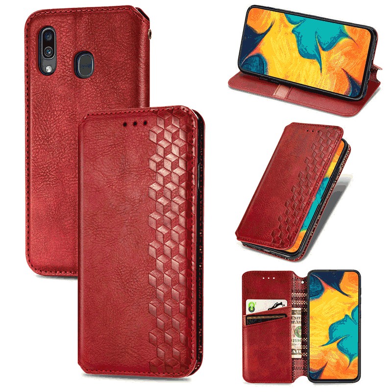 Cube Pattern Embossed Leather Wallet Case Flip Stand Cover Magnetic Buckle for Samsung Galaxy A30