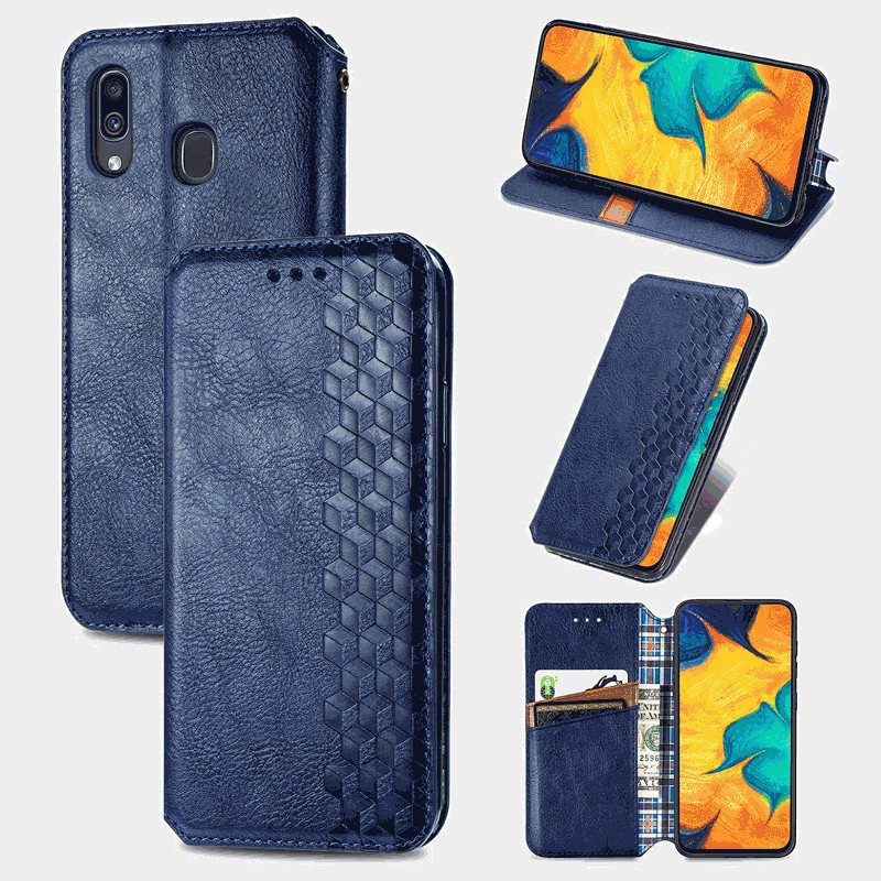 Cube Pattern Embossed Leather Wallet Case Flip Stand Cover Magnetic Buckle for Samsung Galaxy A30