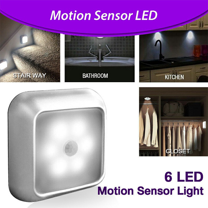 6 LED Motion Sensor Lights PIR Wireless Night Light Cabinet Closet Stair Lamp