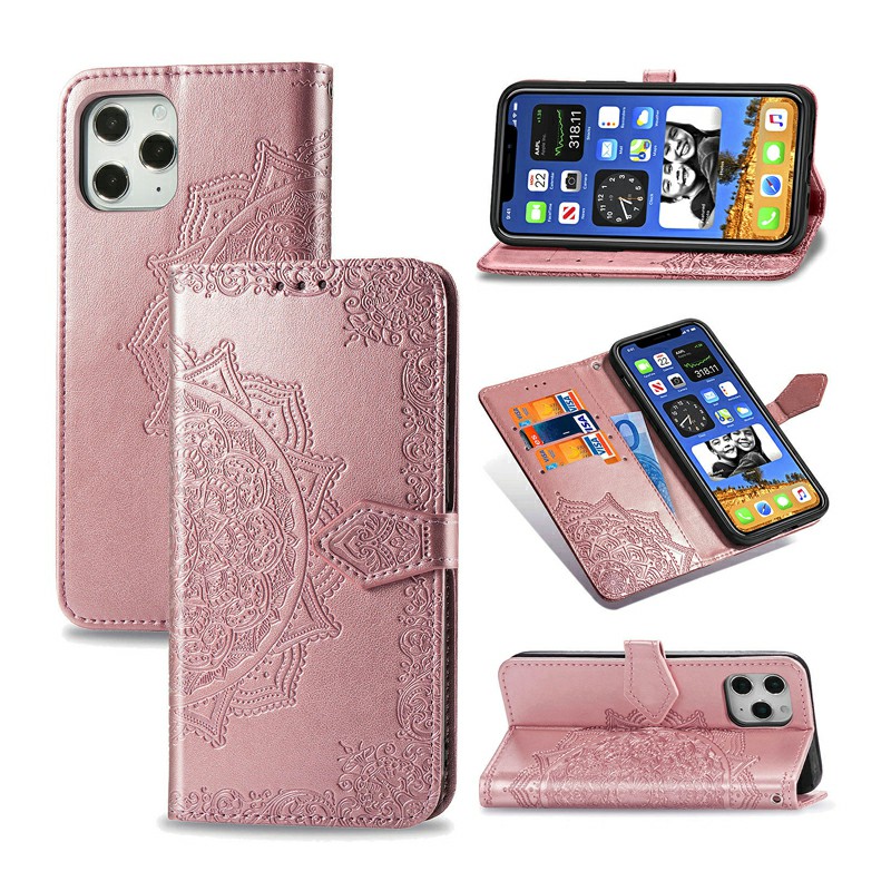 Mandala Embossed Case PU Leather Case Wallet Cover for iPhone 12 Pro