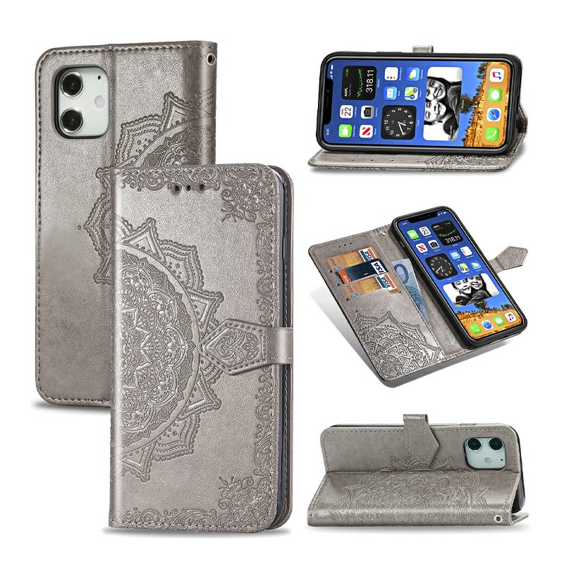 Mandala Embossed Case PU Leather Case Wallet Cover for iPhone 12