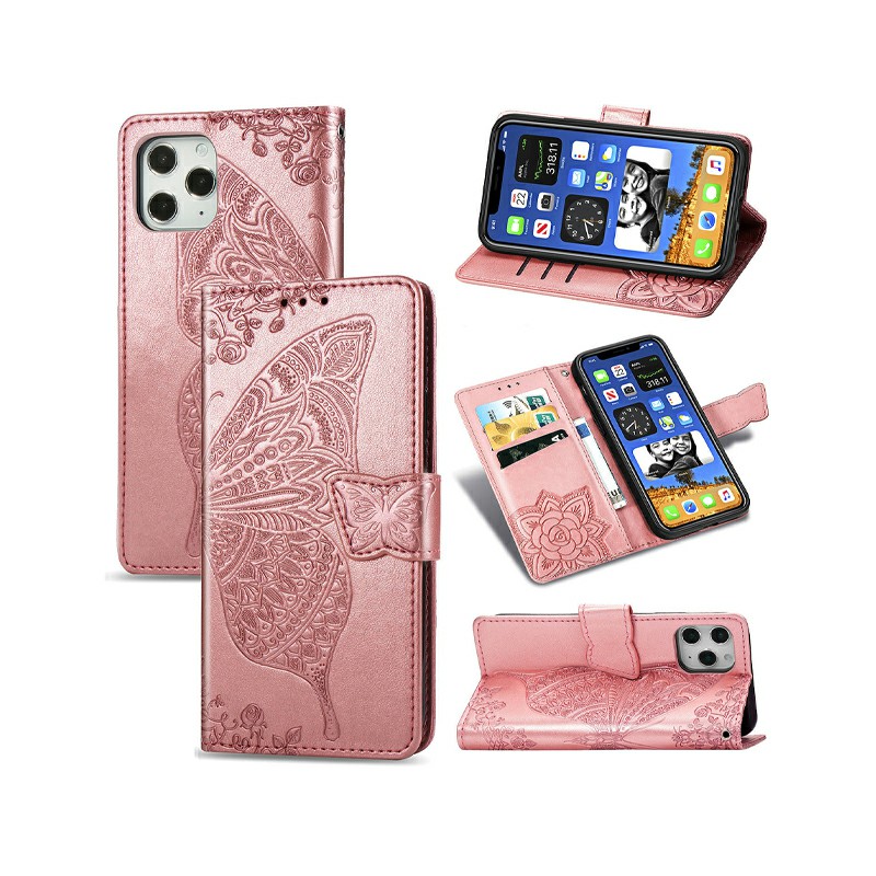 Flower Butterfly Embossed Protective Case PU Leather Case Wallet Cover for iPhone 12 Pro
