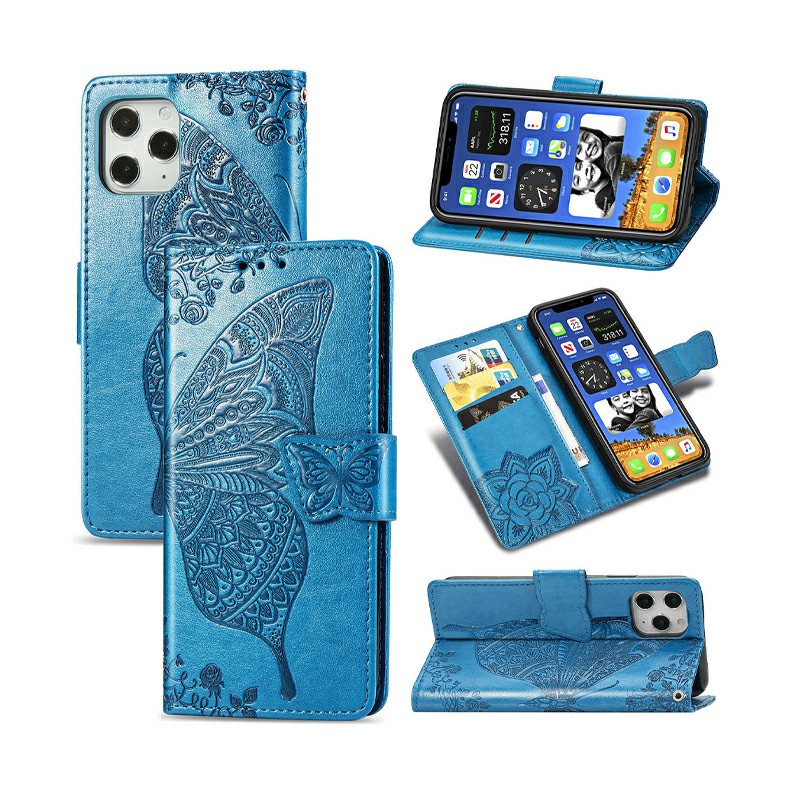 Flower Butterfly Embossed Protective Case PU Leather Case Wallet Cover for iPhone 12 Pro