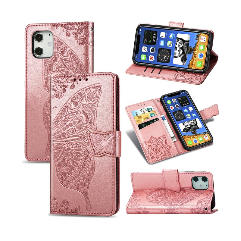 Flower Butterfly Embossed Protective Case PU Leather Case Wallet Cover for iPhone 12