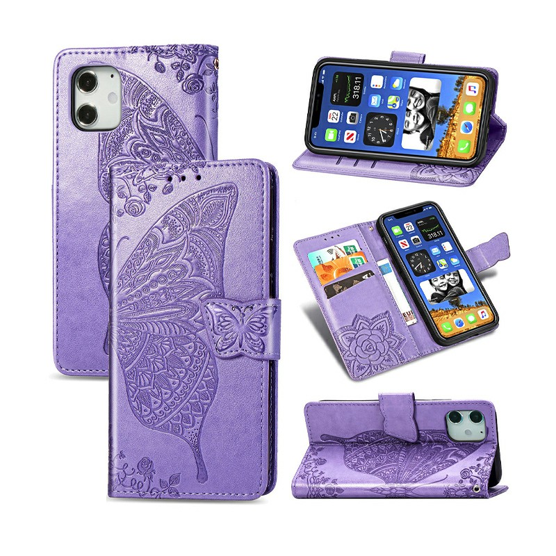 Flower Butterfly Embossed Protective Case PU Leather Case Wallet Cover for iPhone 12