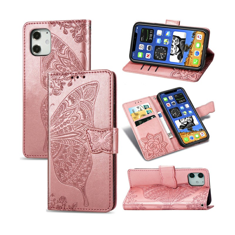 PU Leather Case Wallet Cover Flower Butterfly Embossed Protective Case for iPhone 12 Mini