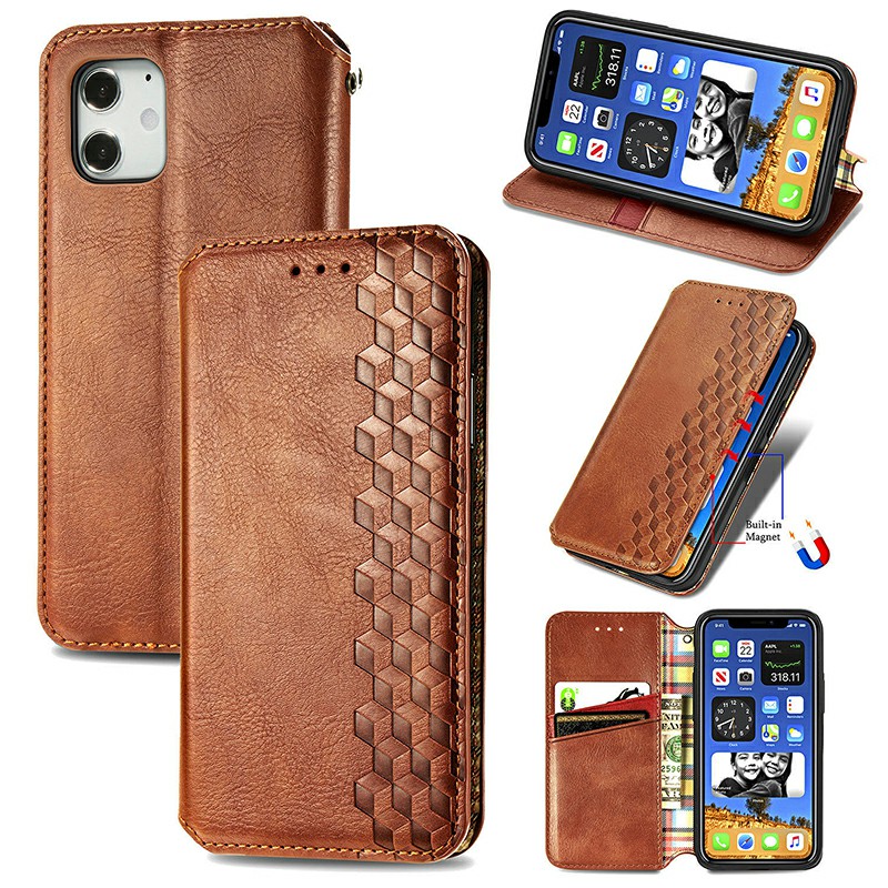 Geometric Patterns Embossed Cover Magnetic PU Wallet Case with Stand Holder for iPhone 12