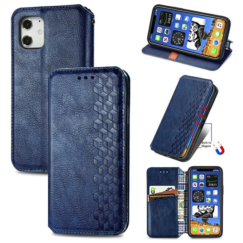 Geometric Patterns Embossed Cover Magnetic PU Wallet Case with Stand Holder for iPhone 12