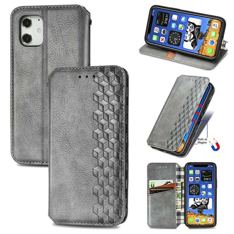 Geometric Patterns Embossed Cover Magnetic PU Wallet Case with Stand Holder for iPhone 12 Mini