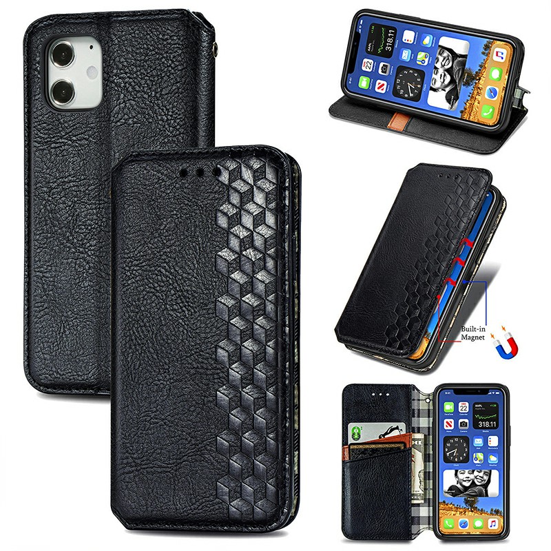 Geometric Patterns Embossed Cover Magnetic PU Wallet Case with Stand Holder for iPhone 12 Mini