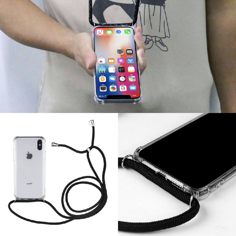 Silicone Protection Phone Case Back Cover with Strap Lanyard for iPhone X/XS
