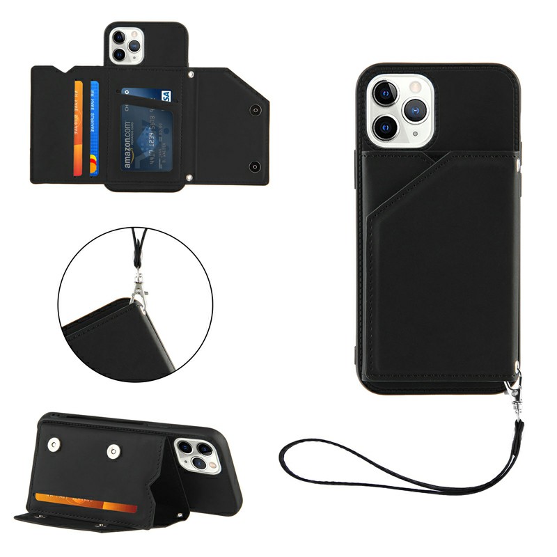 PU Leather Folio Stand Cover Case with Lanyard for iPhone 11 Pro