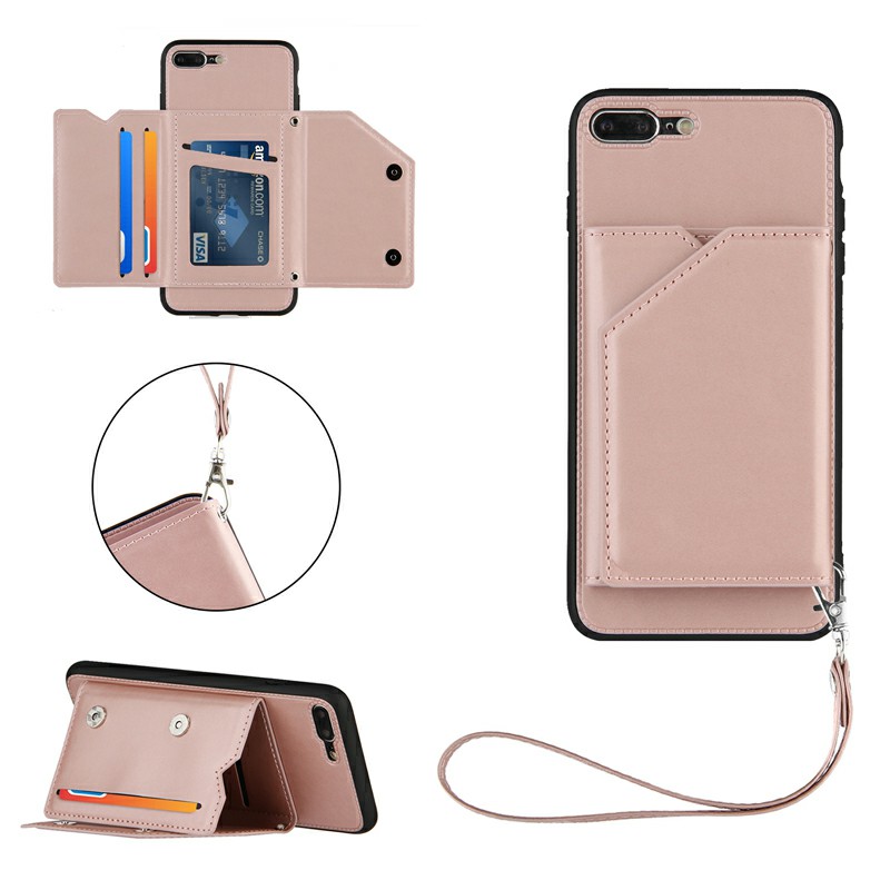 PU Leather Folio Stand Cover Case with Lanyard for iPhone 7 Plus and iPhone 8 Plus