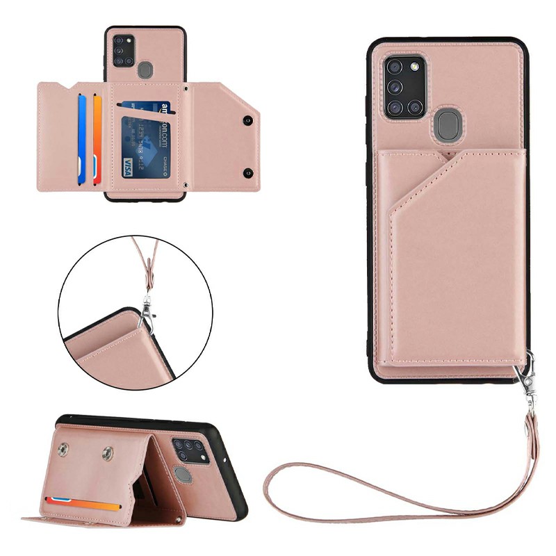 Folio Stand Cover Case PU Leather Back Cover with Lanyard for Samsung Galaxy A21S