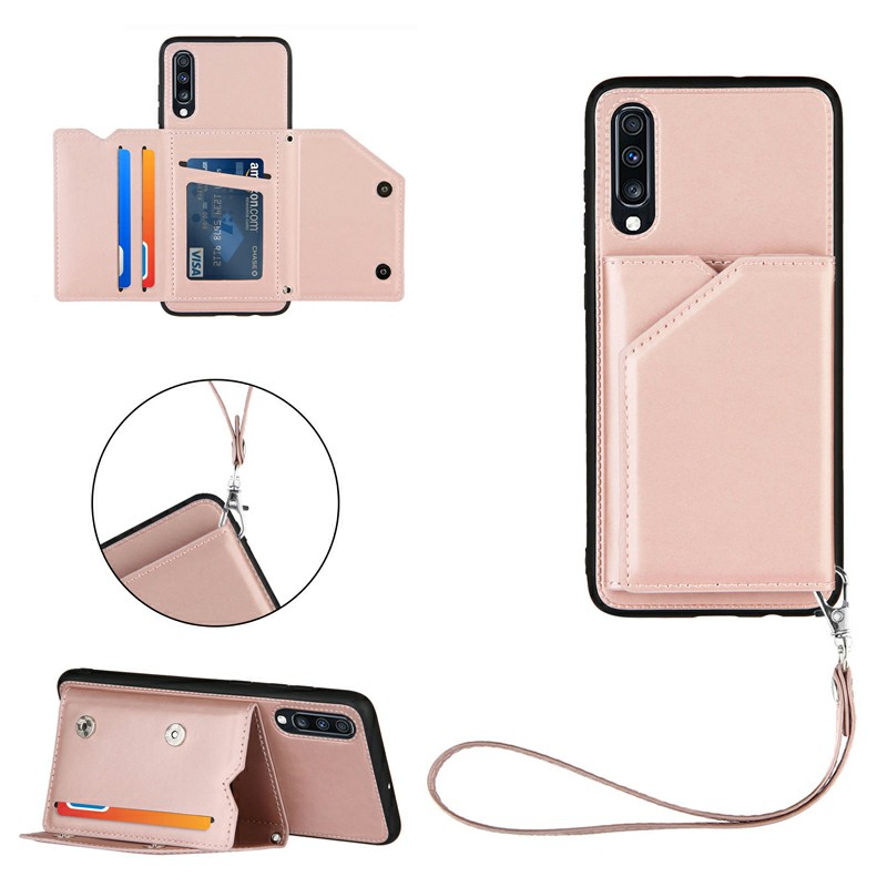 Folio Stand Cover PU Leather Flip Case with Lanyard for Samsung Galaxy A70/A70S