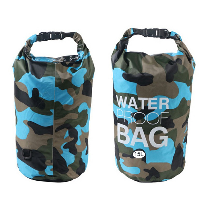 15L Camouflage Waterproof Dry Bag Pouch with Adjustable Strap for Beach Drifting Hiking Swimming - Light Blue