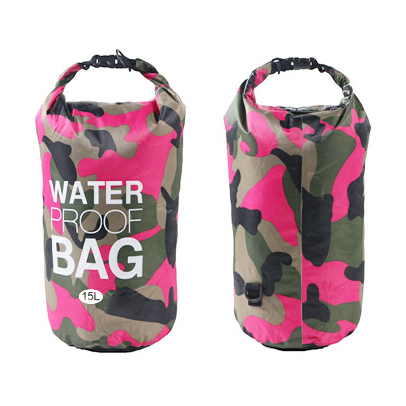 15L Camouflage Waterproof Dry Bag Pouch with Adjustable Strap for Beach Drifting Hiking Swimming - Rose Red