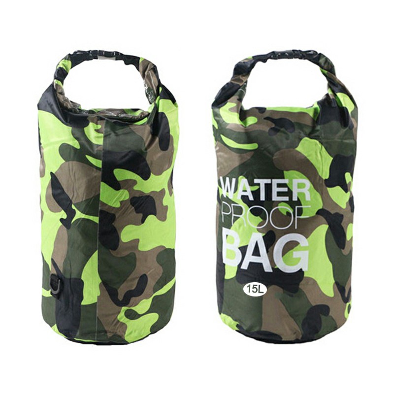 15L Camouflage Waterproof Dry Bag Pouch with Adjustable Strap for Beach Drifting Hiking Swimming - Green