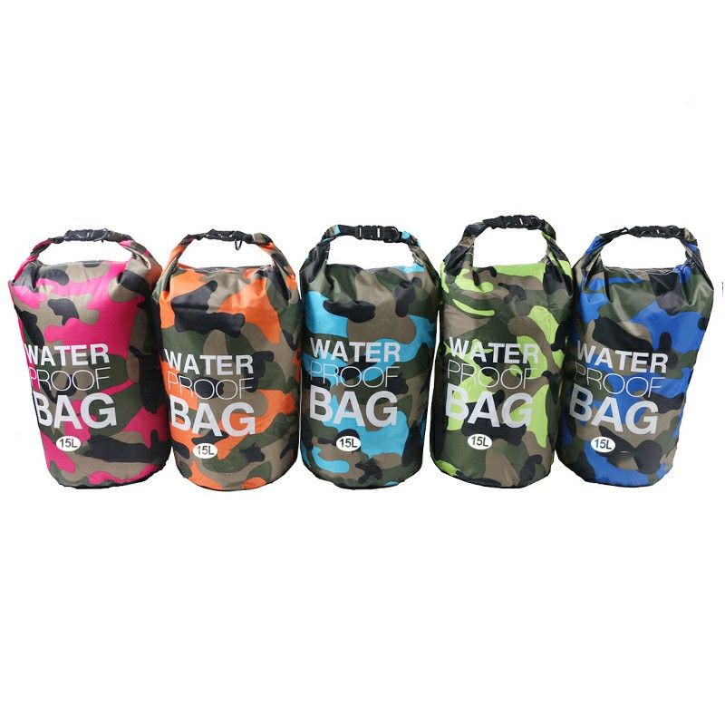 15L Camouflage Waterproof Dry Bag Pouch with Adjustable Strap for Beach Drifting Hiking Swimming - Green