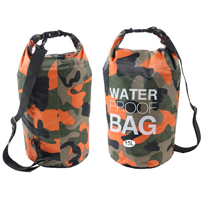 15L Camouflage Waterproof Dry Bag Pouch with Adjustable Strap for Beach Drifting Hiking Swimming - Orange