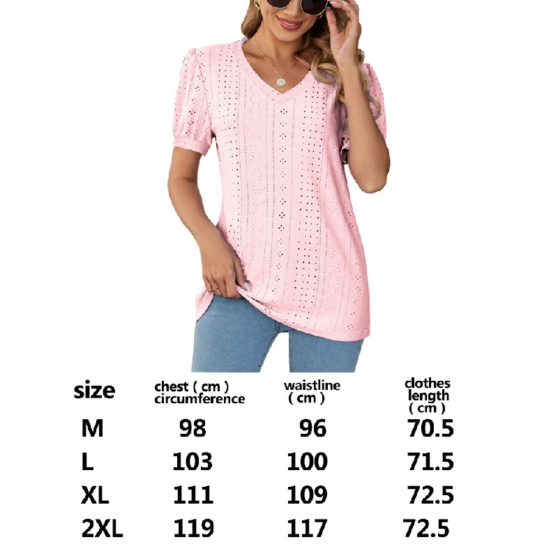 Summer Puffed Sleeve T Shirts Casual V Neck Loose Fit Tunic